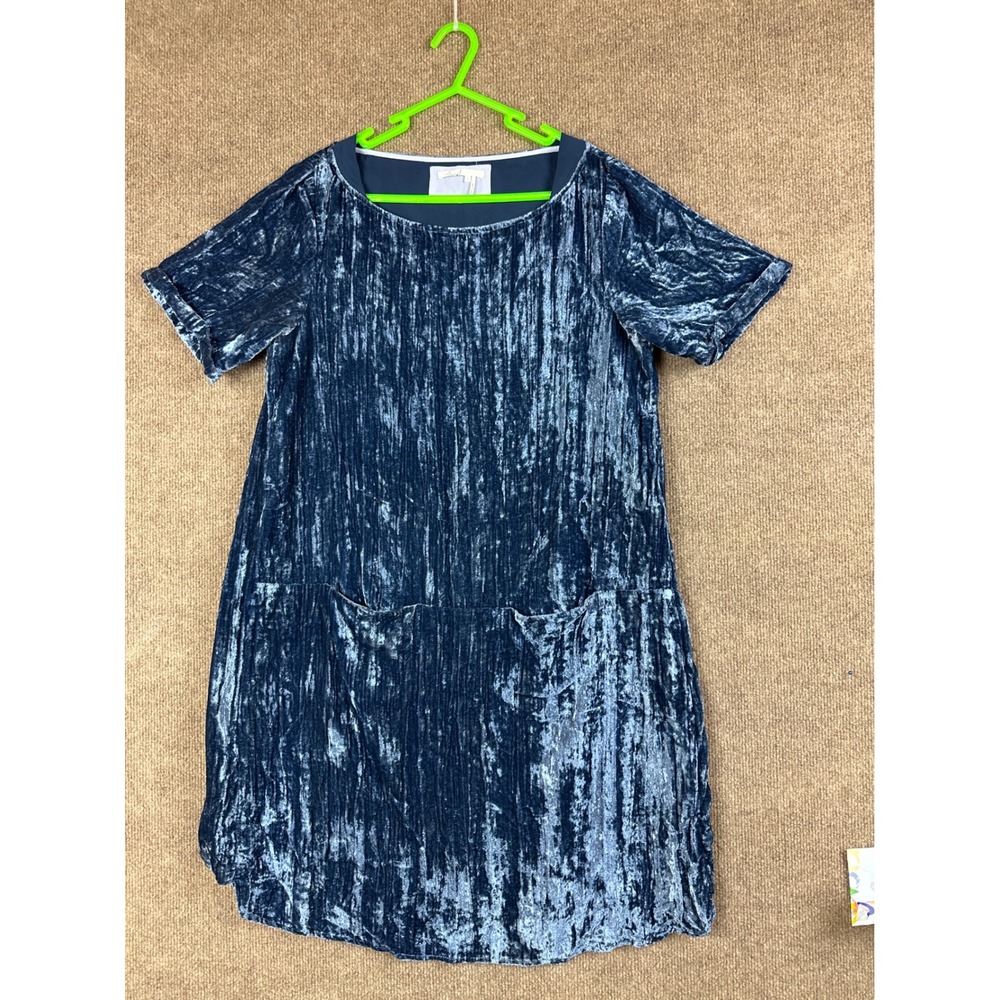 Anthropologie Floreat Crushed Velvet Shift Dress Pockets Blue  S